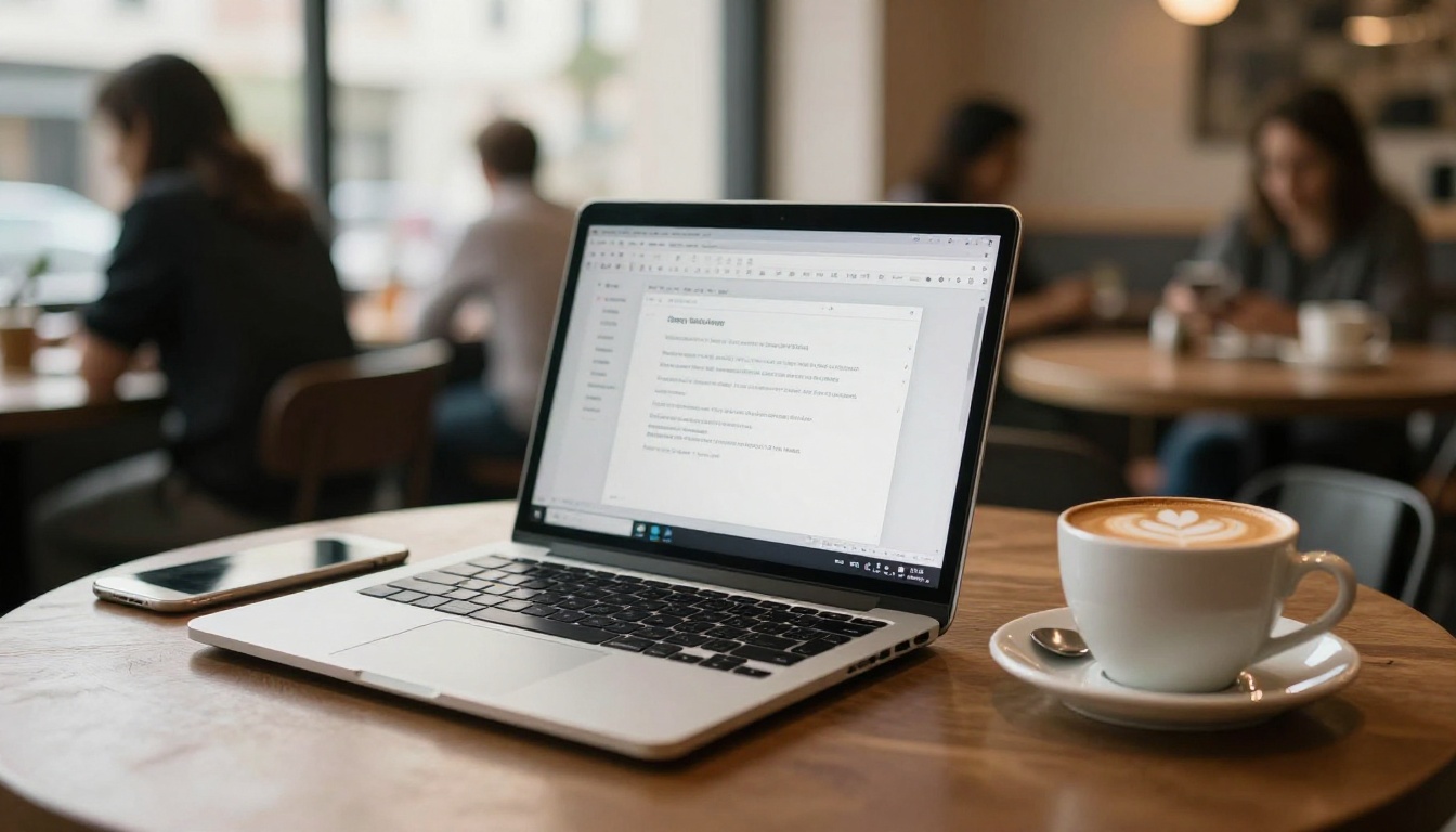 Laptop on a cafe table next to a tablet while a PDF is exported Laptop on a cafe table next to a tablet while a PDF is exported