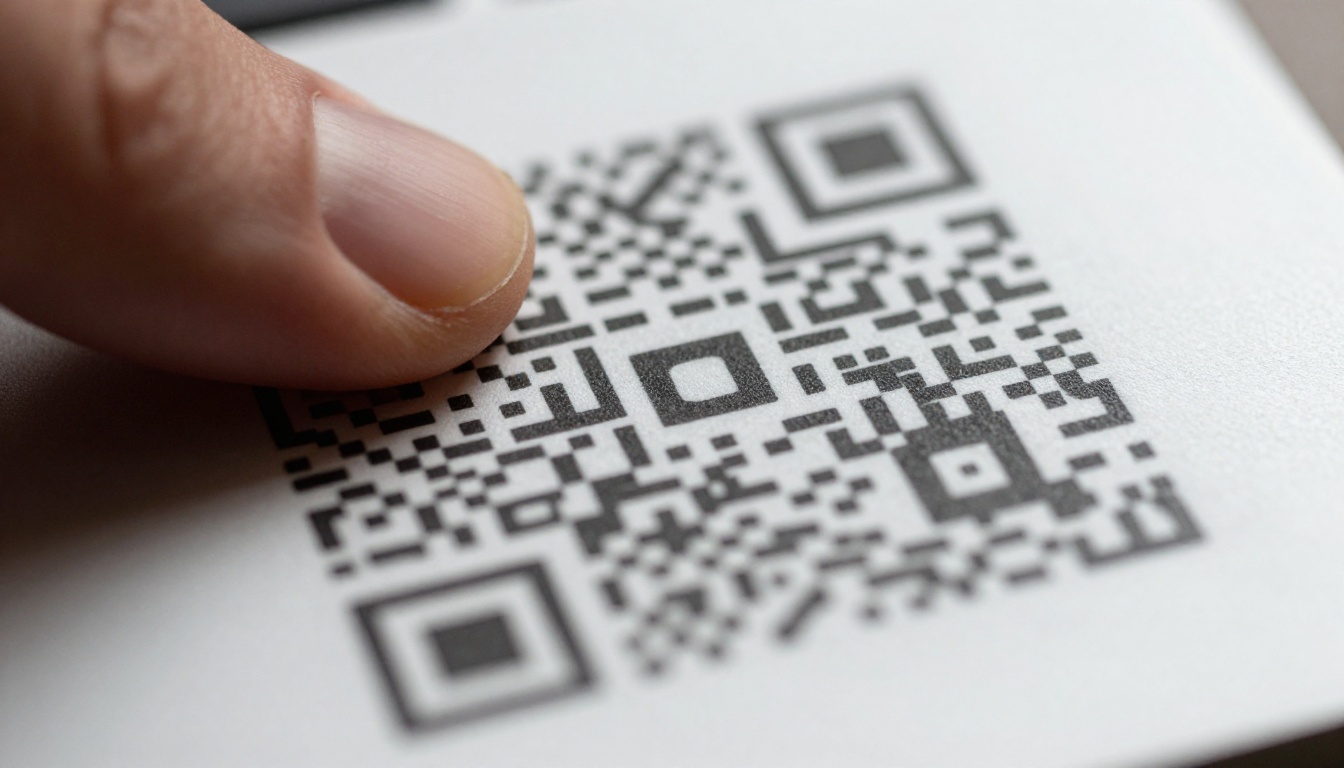 Fingertip on a laptop trackpad beside a printed QR code card Fingertip on a laptop trackpad beside a printed QR code card