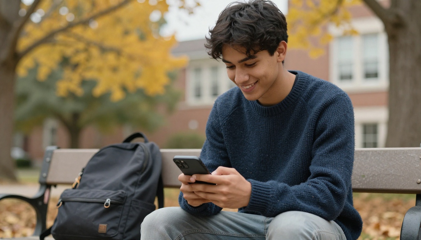 A student on a campus bench swiping through a flipbook on a smartphone A student on a campus bench swiping through a flipbook on a smartphone