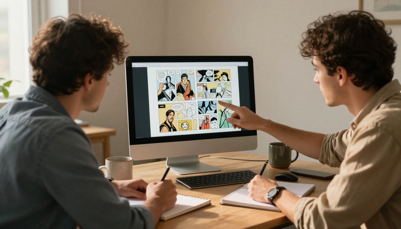 Two artists reviewing a comic spread on a monitor Two artists reviewing a comic spread on a monitor