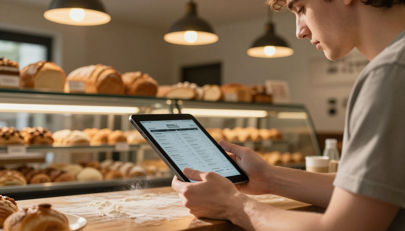 Young man holding a tablet in a bakery Young man holding a tablet in a bakery