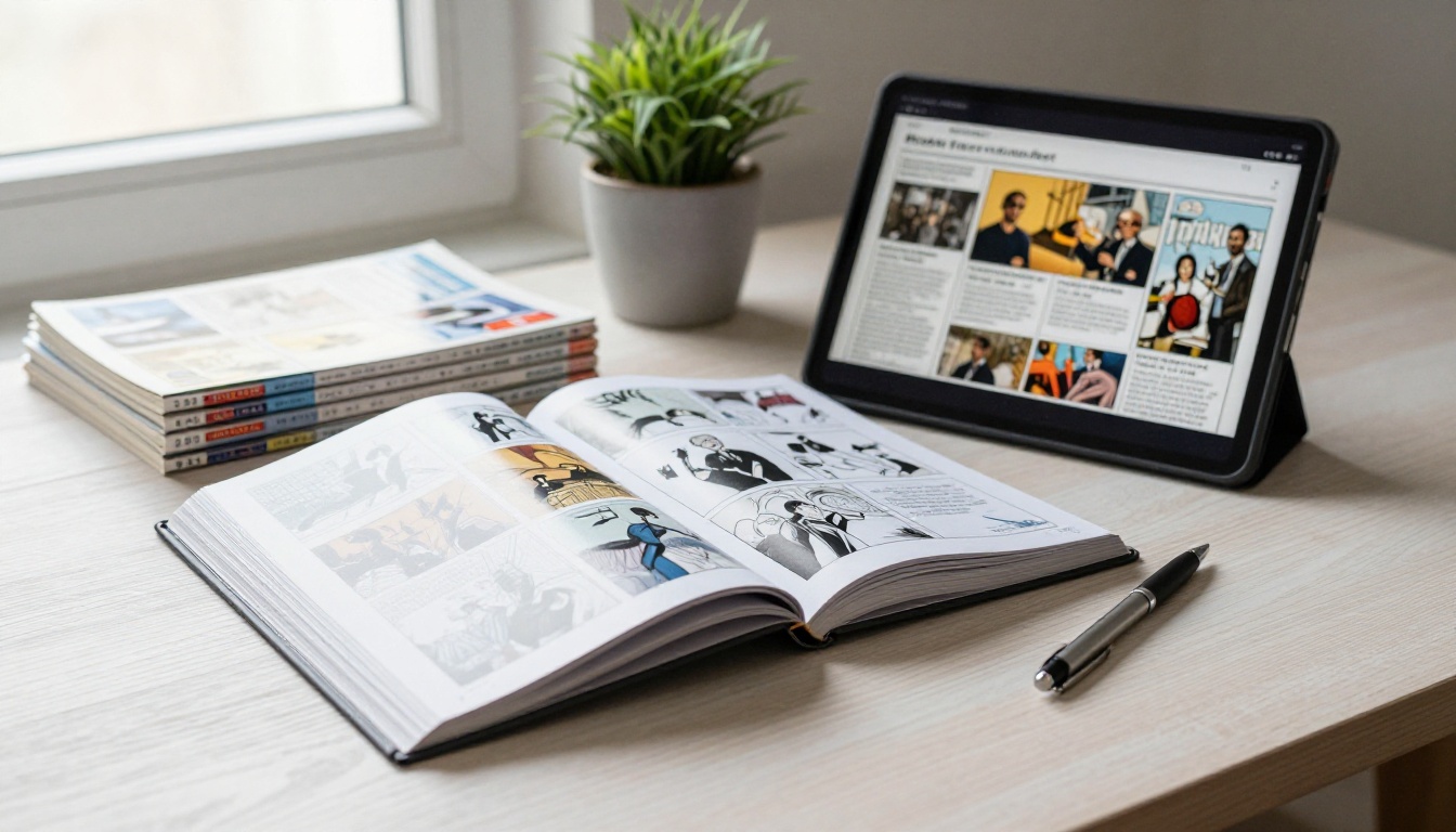 Stack of printed comics next to a tablet showing a flipbook Stack of printed comics next to a tablet showing a flipbook