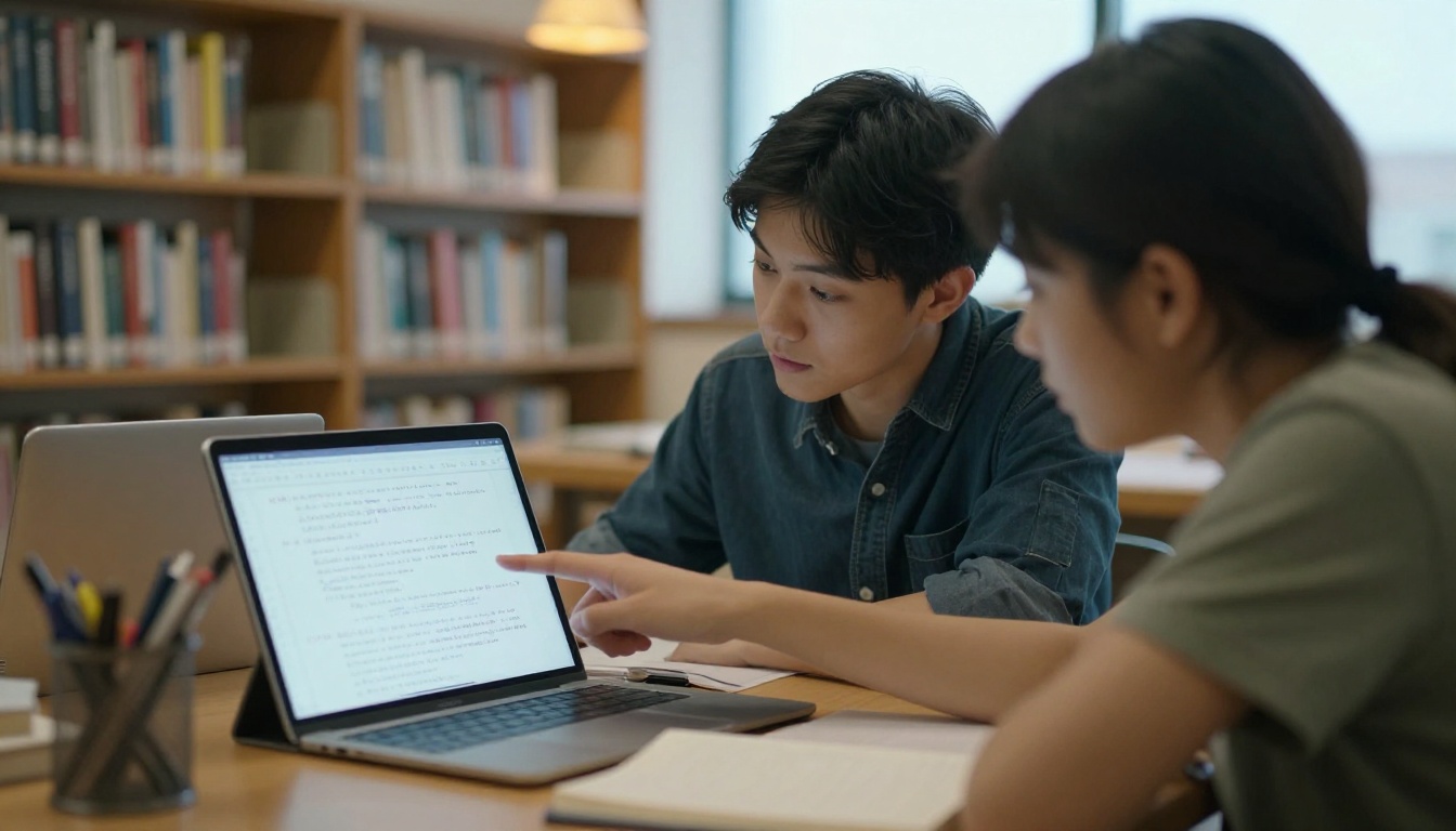 Two students looking together at handwritten notes on a tablet in a library Two students looking together at handwritten notes on a tablet in a library