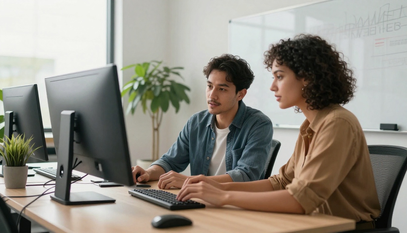 Two colleagues reviewing a website on a large monitor Two colleagues reviewing a website on a large monitor