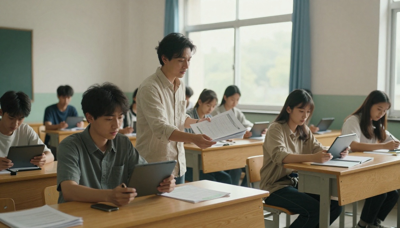 A classroom where a teacher hands out study materials to students with tablets A classroom where a teacher hands out study materials to students with tablets