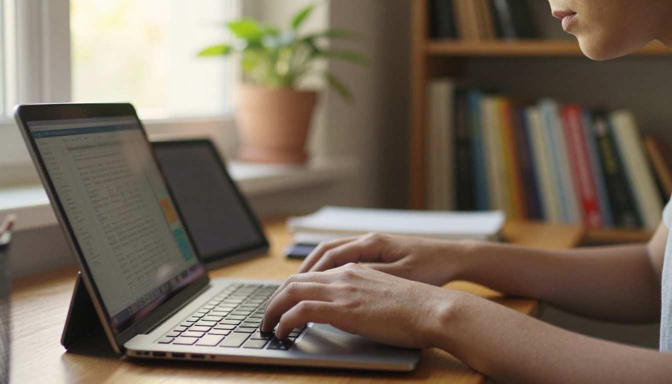 A student typing on a laptop beside a tablet on a stand near a window A student typing on a laptop beside a tablet on a stand near a window