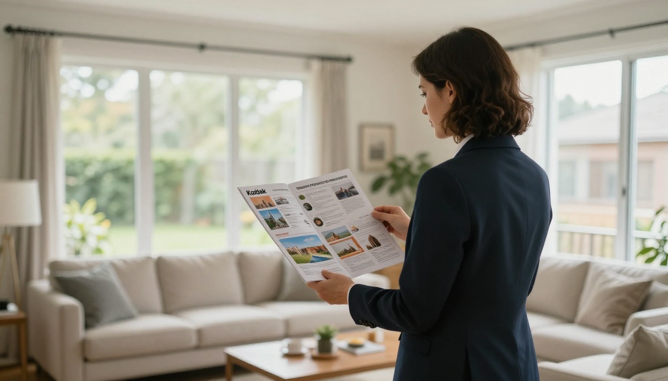Real estate agent showing a brochure to a couple Real estate agent showing a brochure to a couple