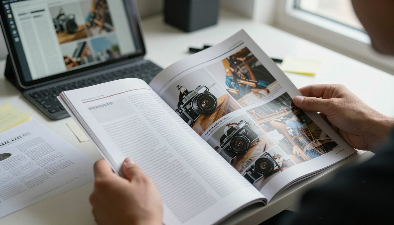 Editor comparing a printed magazine spread with its digital version on a tablet