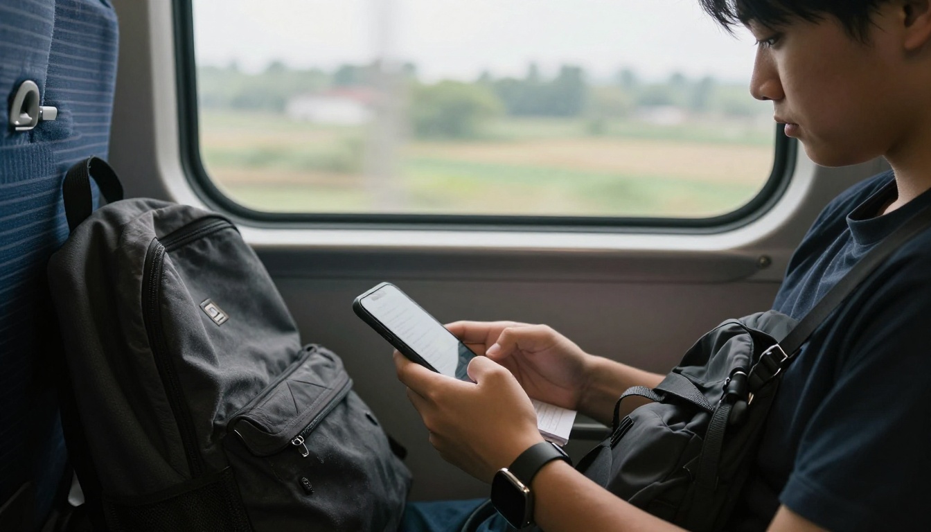 A student reading notes on a smartphone while riding a train A student reading notes on a smartphone while riding a train