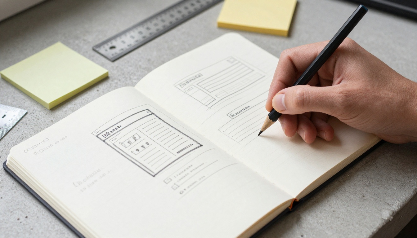 Notebook with a hand drawn website wireframe Notebook with a hand drawn website wireframe