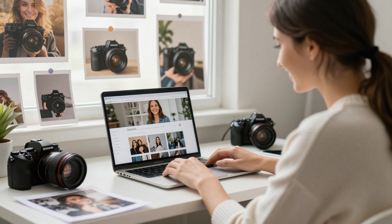 Photographer smiling in a small studio with a laptop Photographer smiling in a small studio with a laptop