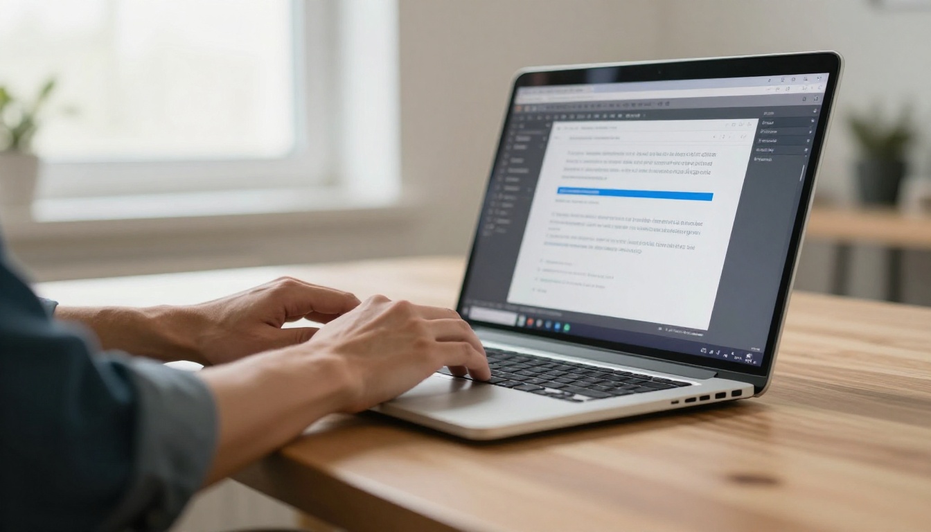 A person checking a Word document with blue underlined links at a tidy desk