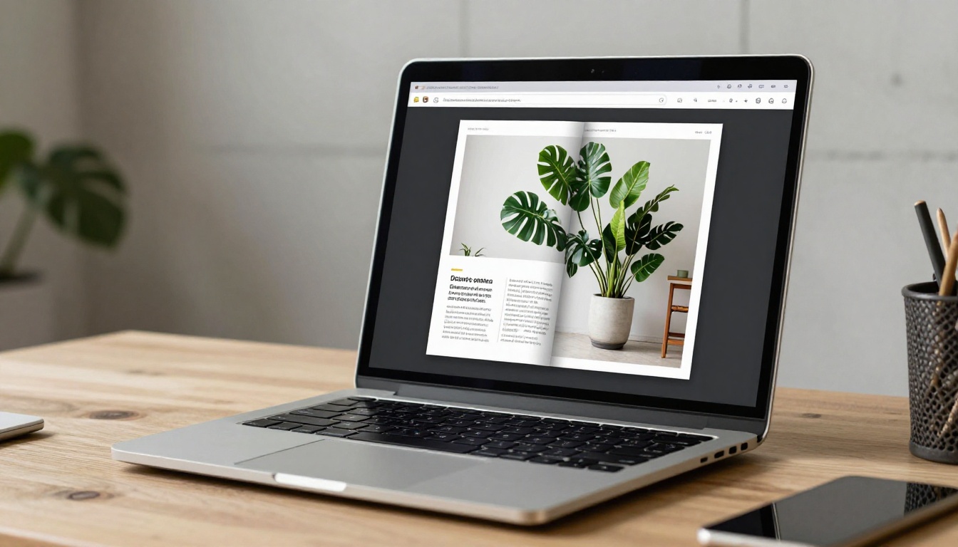 Designer uploading a magazine PDF on a laptop with a page-flip preview