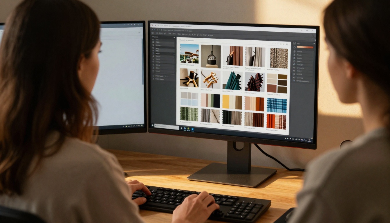 Woman adjusting brand colors on a monitor showing a digital magazine
