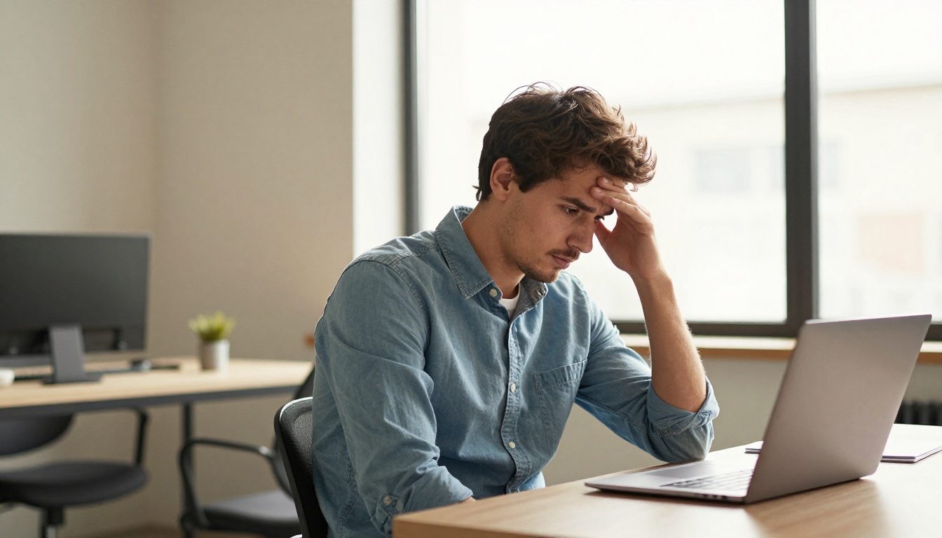 A frustrated professional leaning back from a laptop in a shared workspace