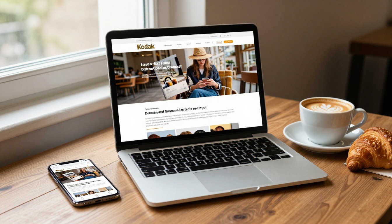 Laptop and phone on a cafe table showing an embedded digital magazine on a website
