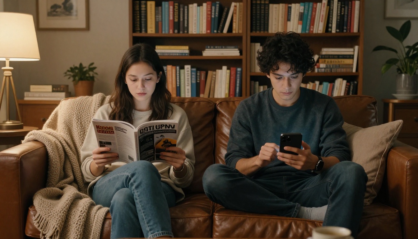 Two readers on a sofa reading a magazine on a tablet and a phone