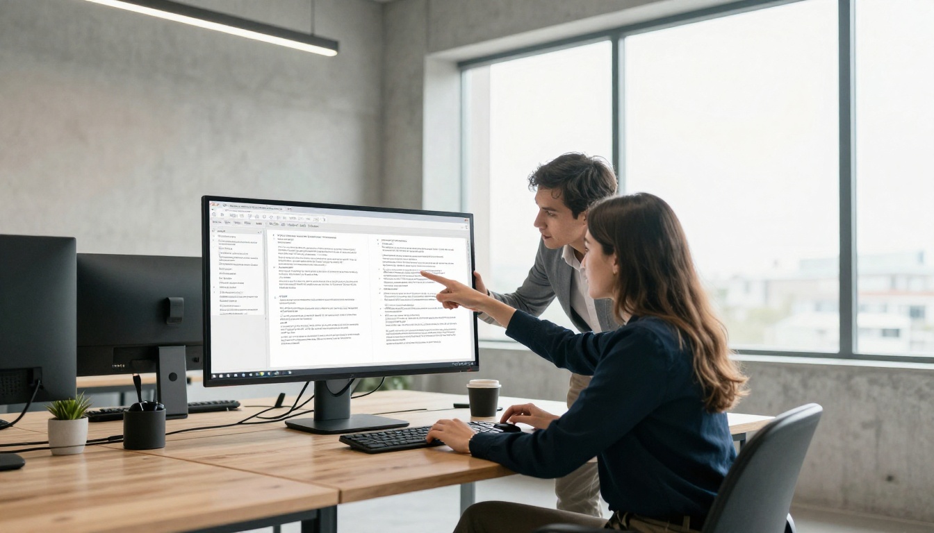 Two colleagues reviewing a document together on a large monitor