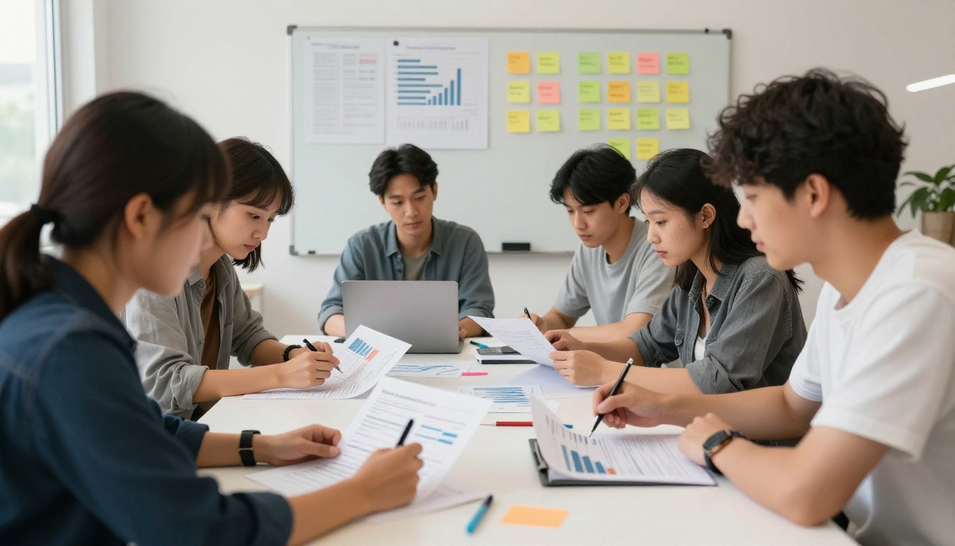 Small publishing team reviewing reader analytics at a meeting table