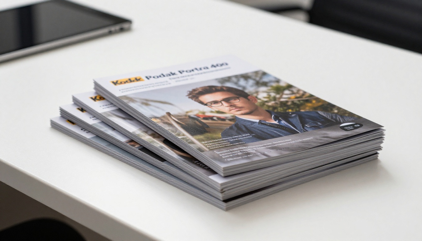 A stack of printed brochures and a tablet on a white table