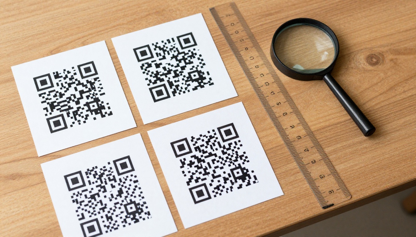 Aerial view of printed QR code samples in different sizes with a ruler Aerial view of printed QR code samples in different sizes with a ruler
