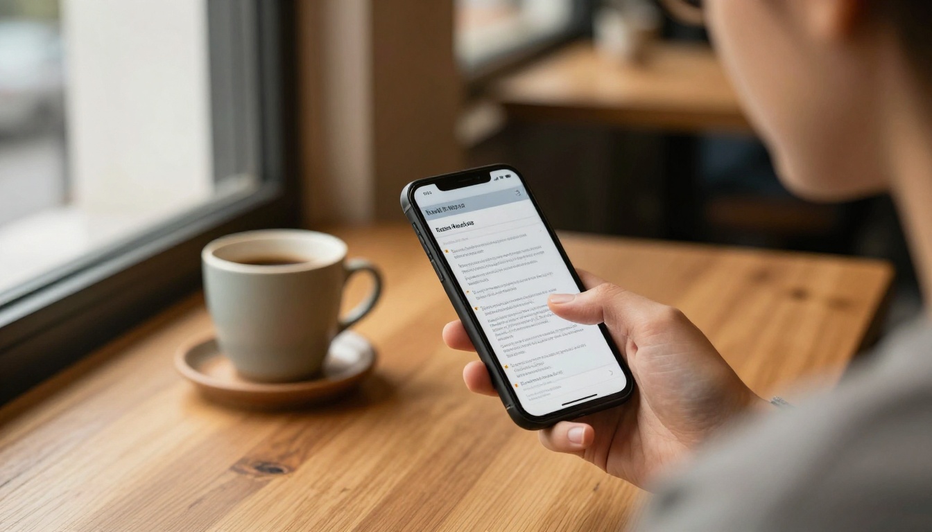 A small business owner tapping a link on a phone in a cafe