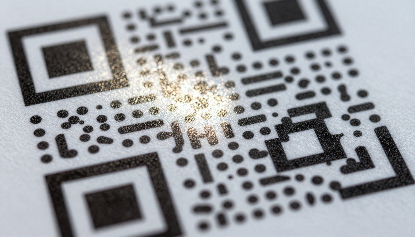 Macro photograph of a glossy printed QR code with a window reflection across it Macro photograph of a glossy printed QR code with a window reflection across it