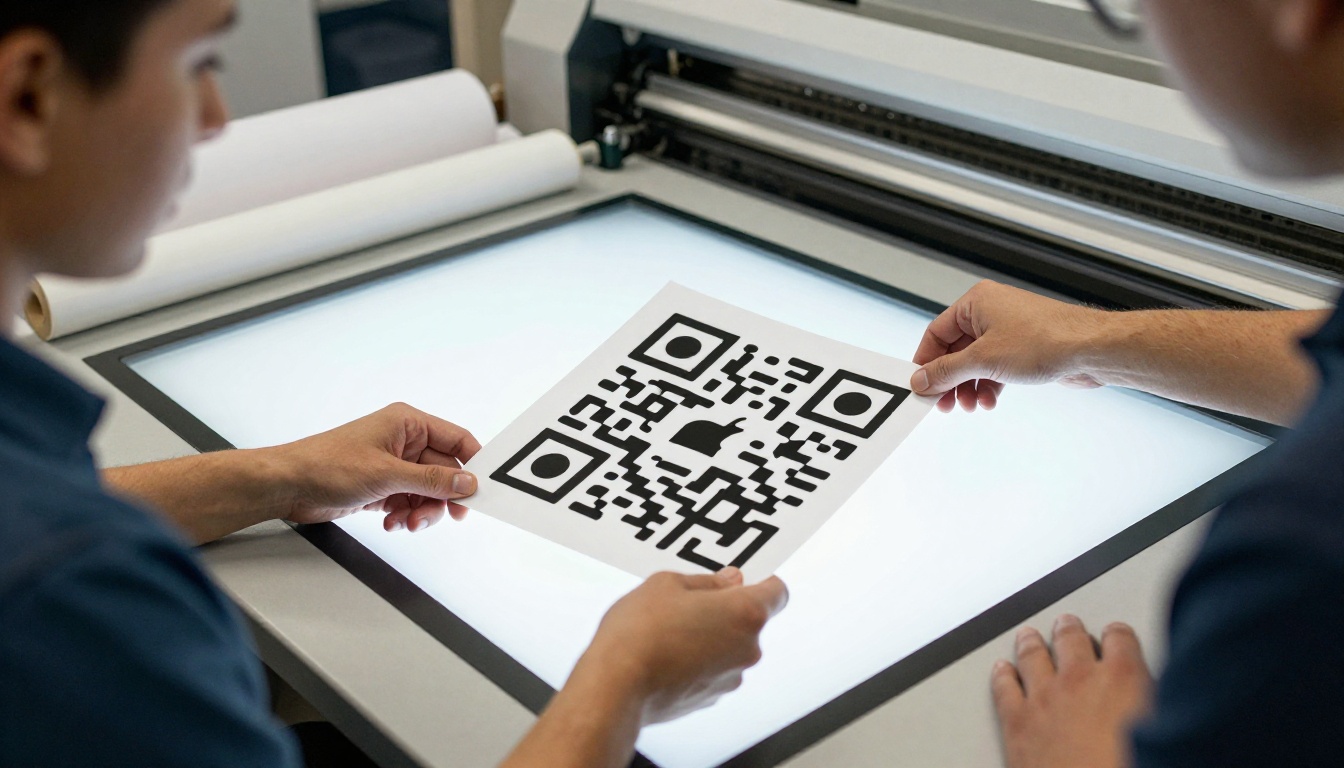 A designer reviewing a printed flyer with a QR code in a print shop A designer reviewing a printed flyer with a QR code in a print shop