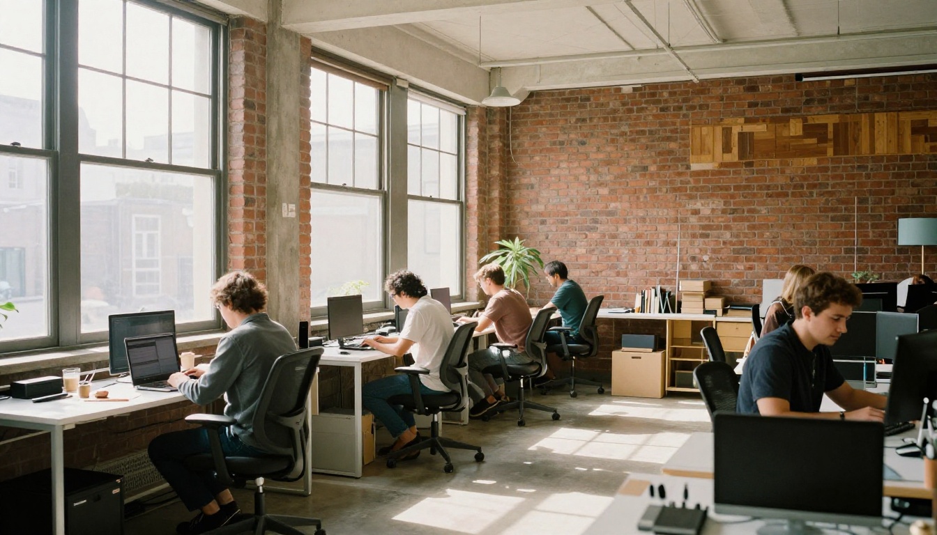 A bright creative workspace with several people working on laptops