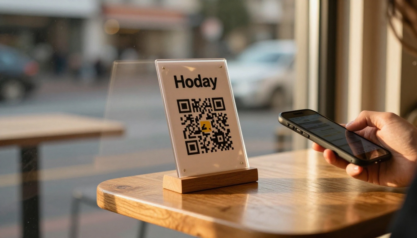 Restaurant table card with a QR code near a window with a customer's phone approaching Restaurant table card with a QR code near a window with a customer's phone approaching