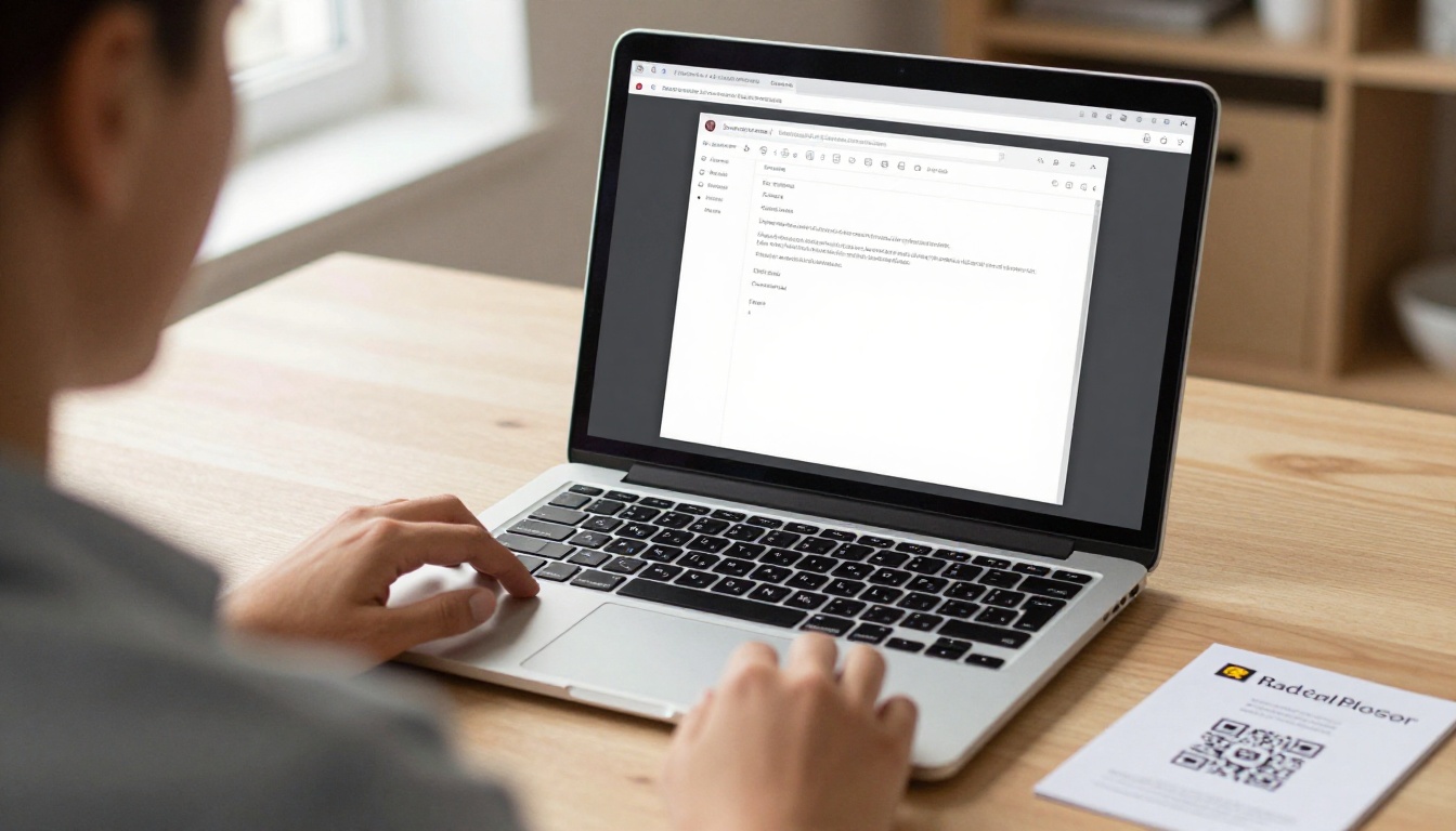 A person at a laptop checking a flipbook link next to a printed business card A person at a laptop checking a flipbook link next to a printed business card