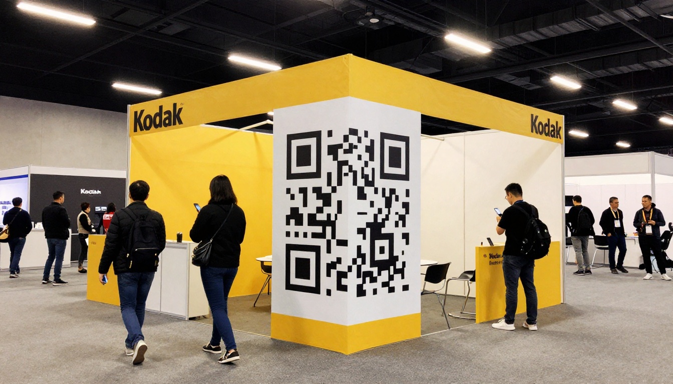 A trade show banner with a QR code and visitors walking past A trade show banner with a QR code and visitors walking past