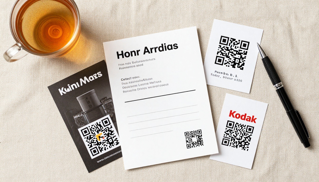 Flat lay of brochure, postcard, sticker and business card with QR codes Flat lay of brochure, postcard, sticker and business card with QR codes