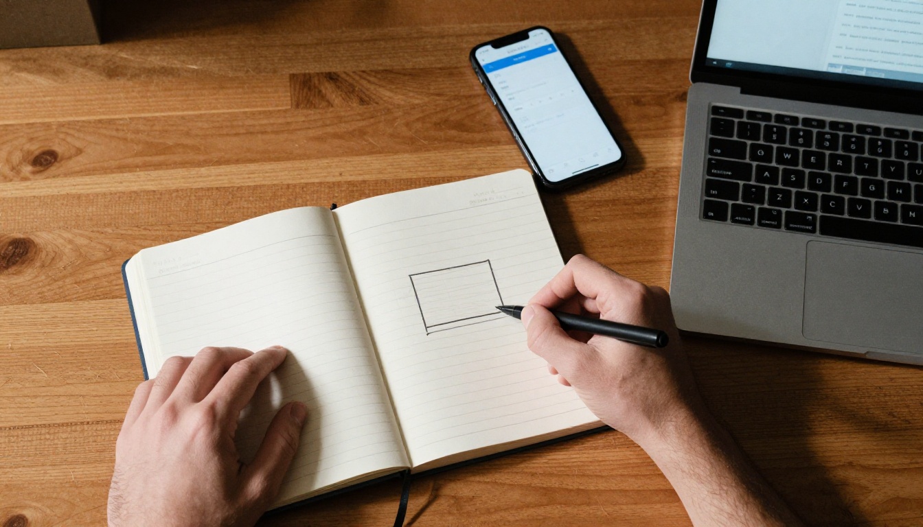 Designer sketching a page with an embedded box on a desk