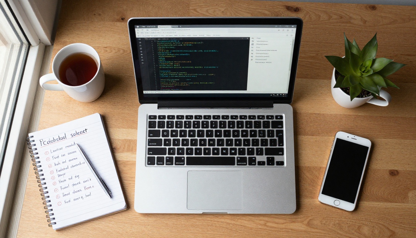 Overhead view of a desk with a laptop showing HTML code, a checklist notepad, and a cup of tea