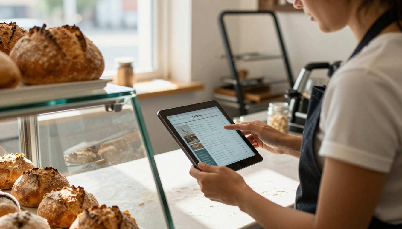 Business owner checking her website menu page on a tablet