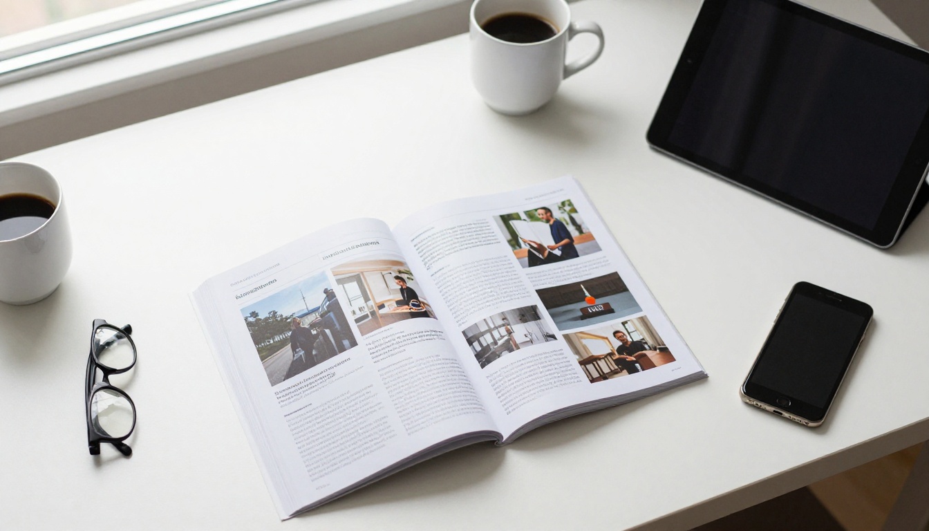 Tablet showing a digital page turning publication beside a printed catalog