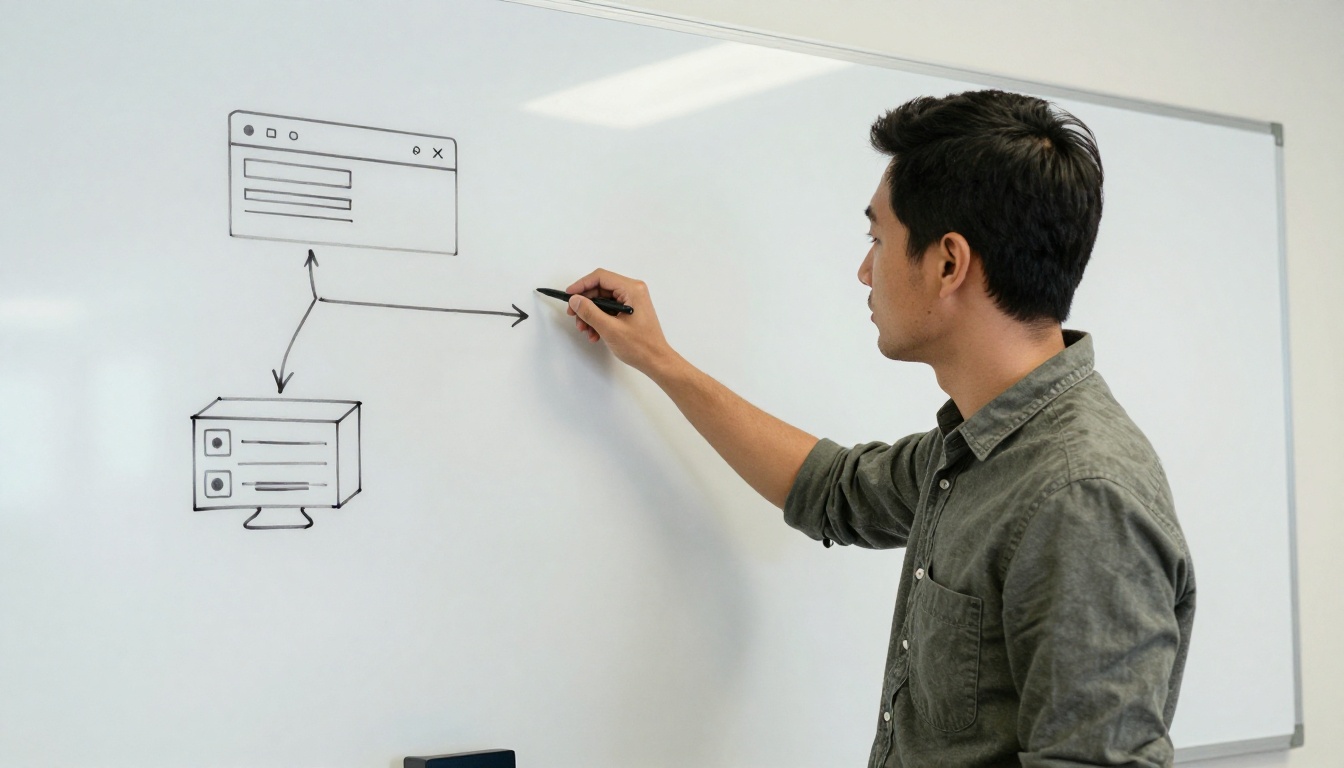 Developer pointing at a whiteboard diagram of a browser connected to a server with arrows