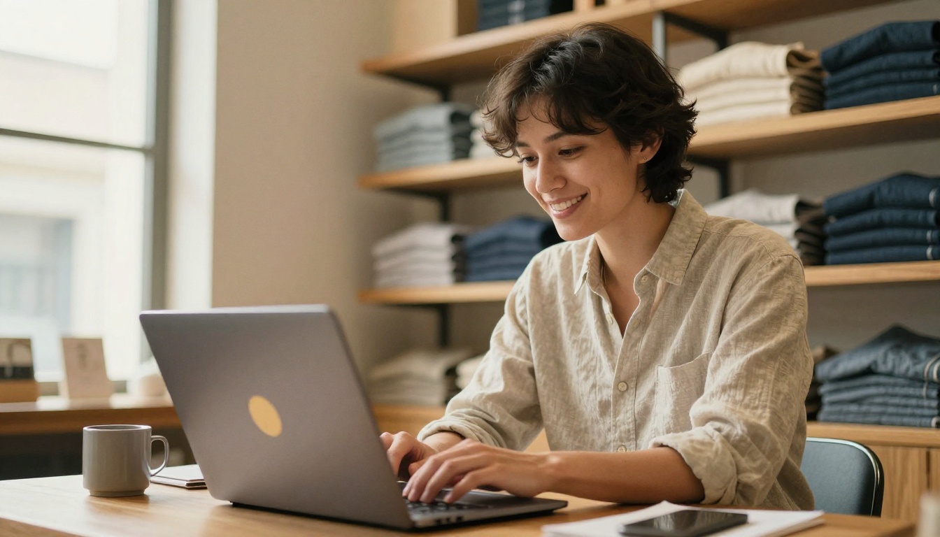 Business owner uploading a PDF on a laptop in a bright boutique office