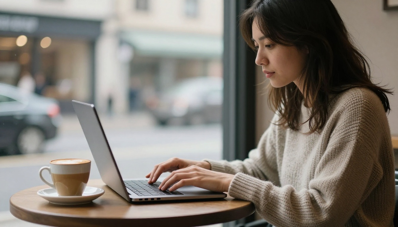 Woman editing a website page from a cafe table
