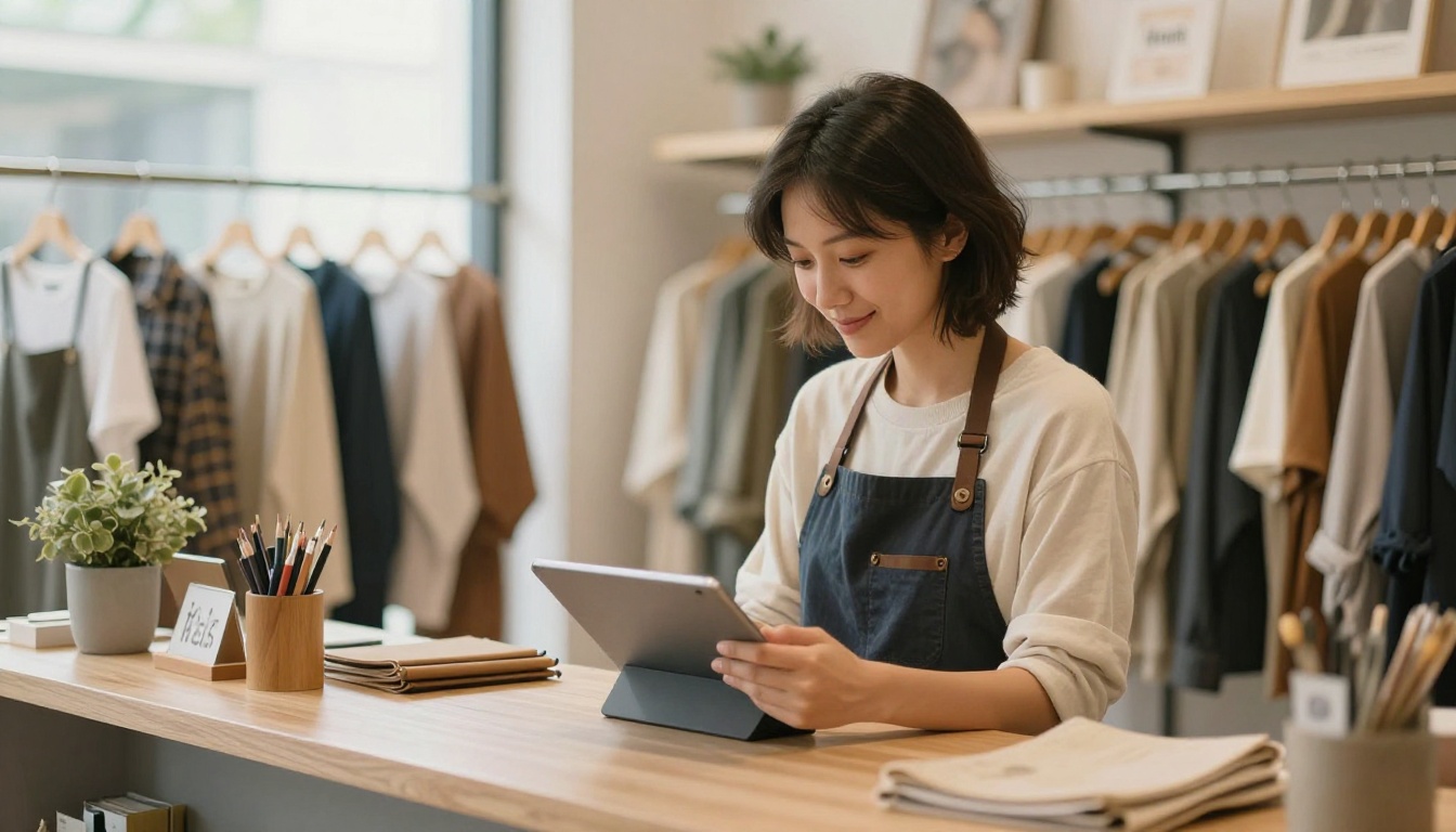 Woman in a boutique checking her website on a tablet at the shop counter