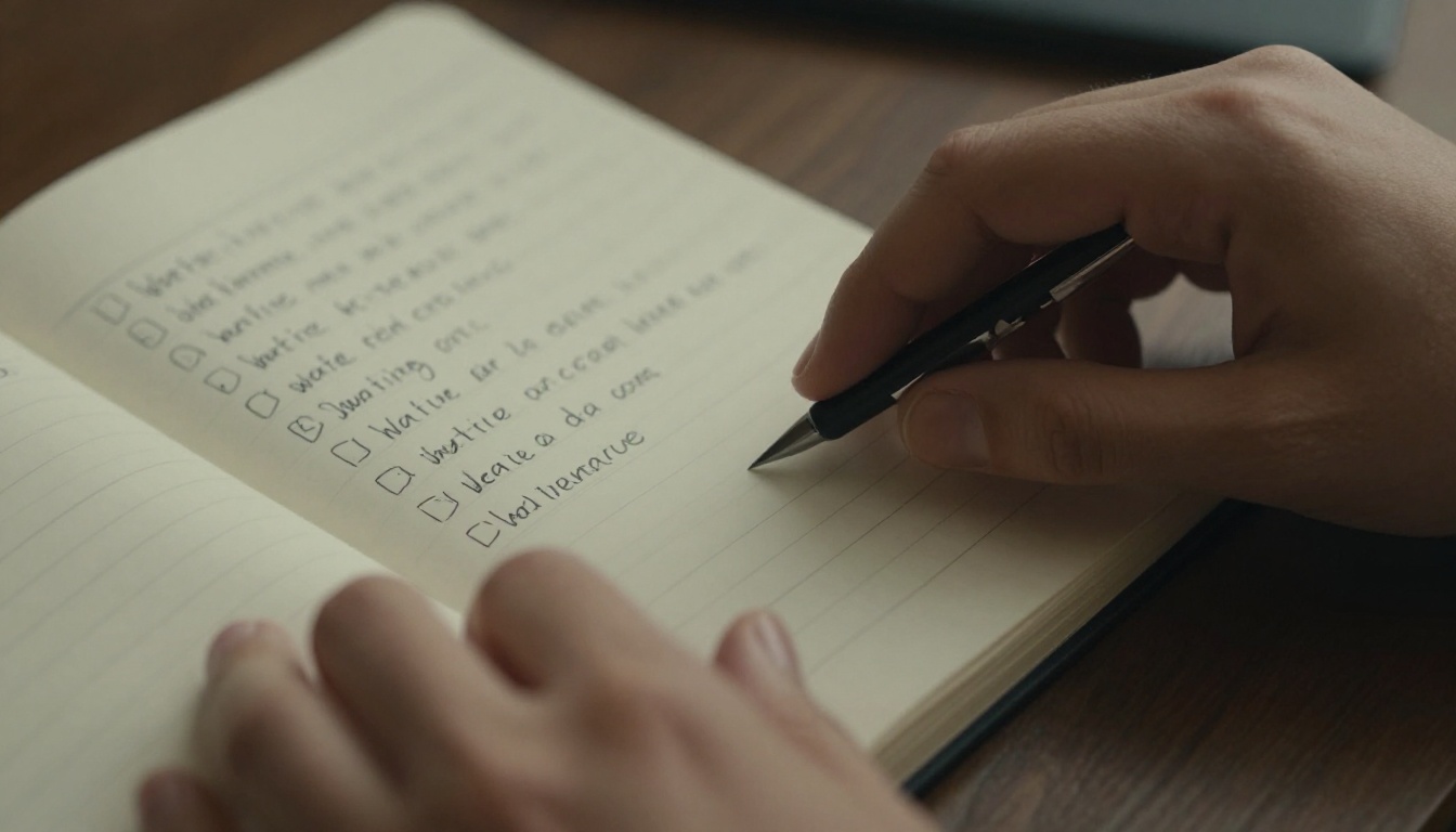 Hands typing on a slim keyboard next to a notebook listing website settings