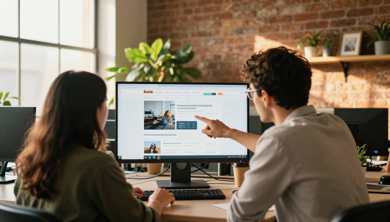 Two colleagues reviewing a live website on a large monitor in a sunlit coworking space