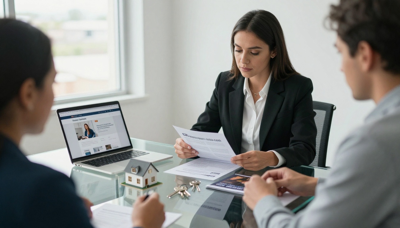 Real estate agent reviewing a brochure next to her agency website