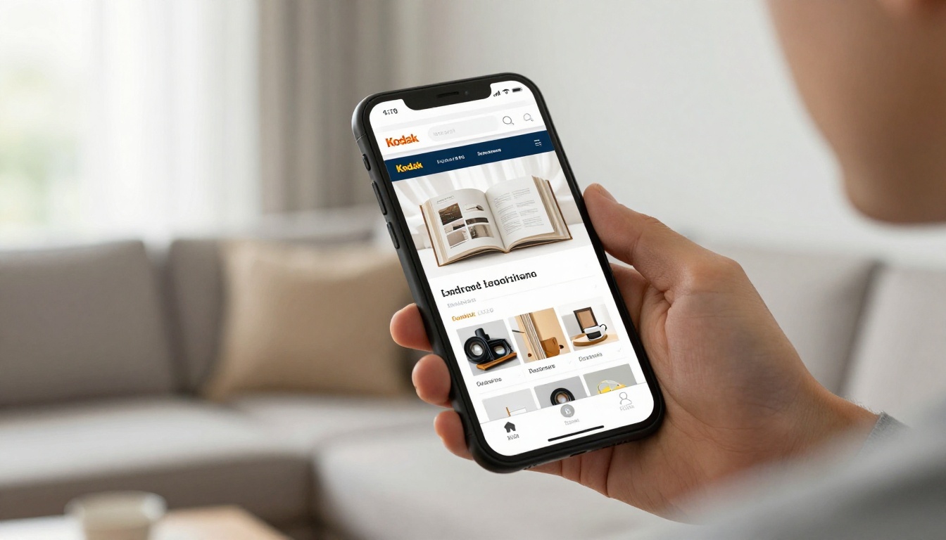 Man viewing a flipbook catalog on a smartphone in a bright living room