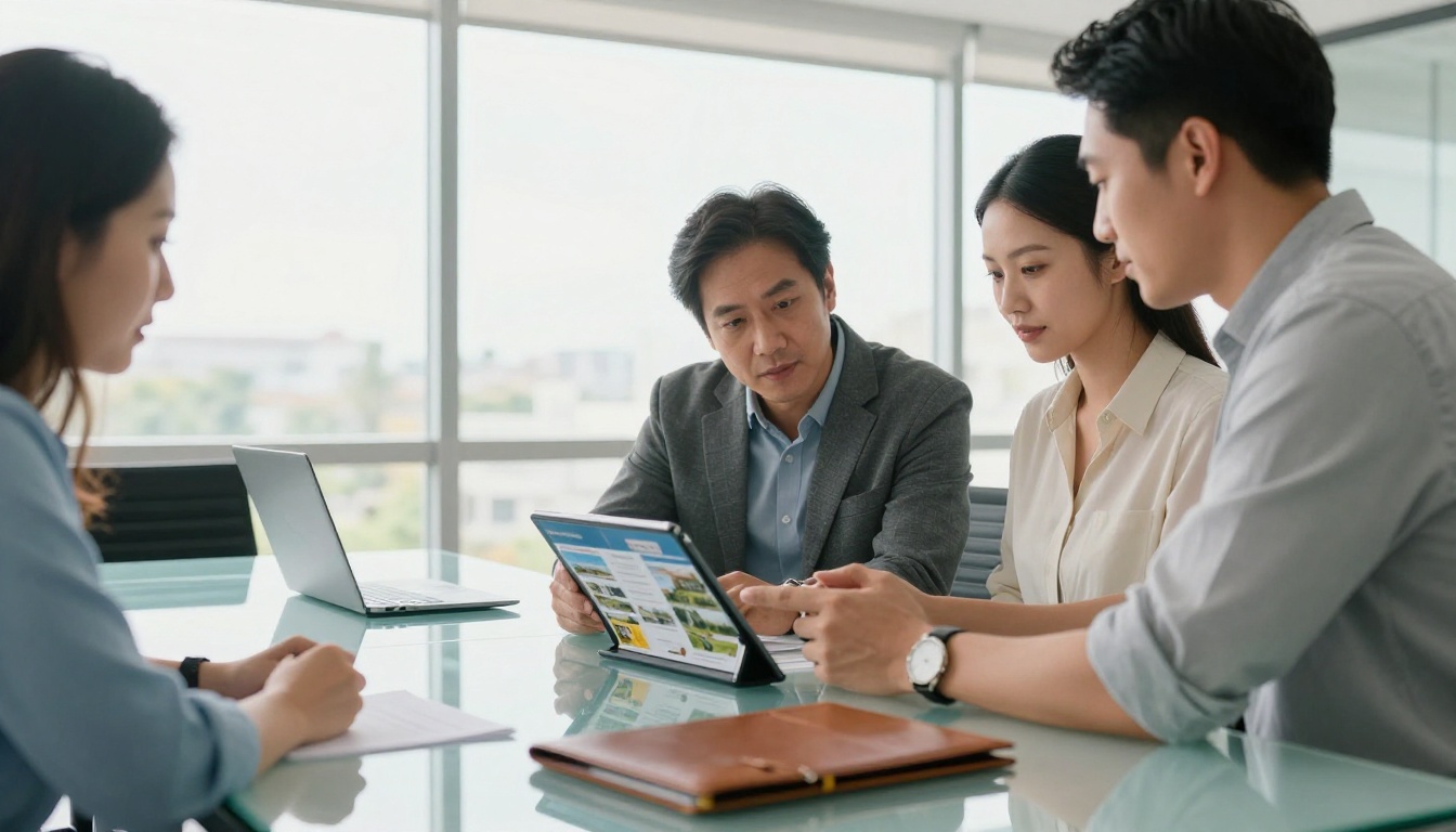 Real estate agent showing a property brochure to a couple on a tablet