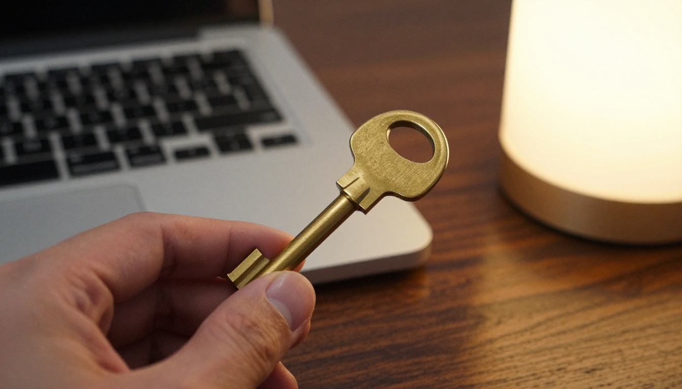 Hand holding a brass key beside a laptop on a walnut desk