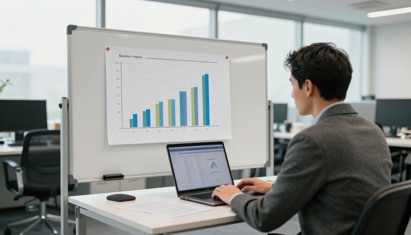 Marketing manager reviewing a simple chart of reader views on a laptop