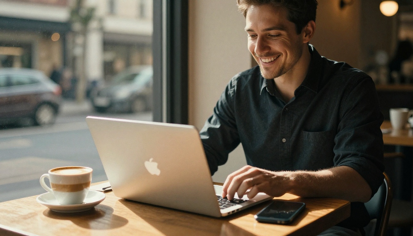 Smiling professional closing a laptop at a cafe table after sending an email
