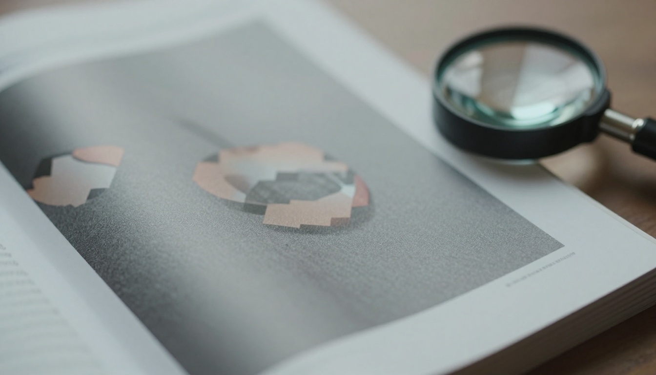Close-up of a printed brochure page with visibly pixelated edges under a loupe Close-up of a printed brochure page with visibly pixelated edges under a loupe